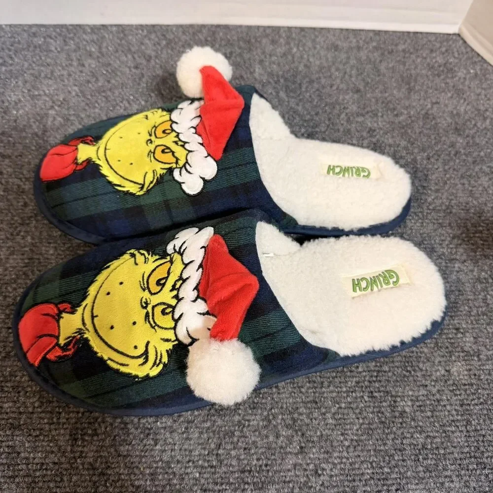 Grinch Slippers Mens Size 10 Blue Plaid Christmas Mule Faux Fur Santa Dr Seuss